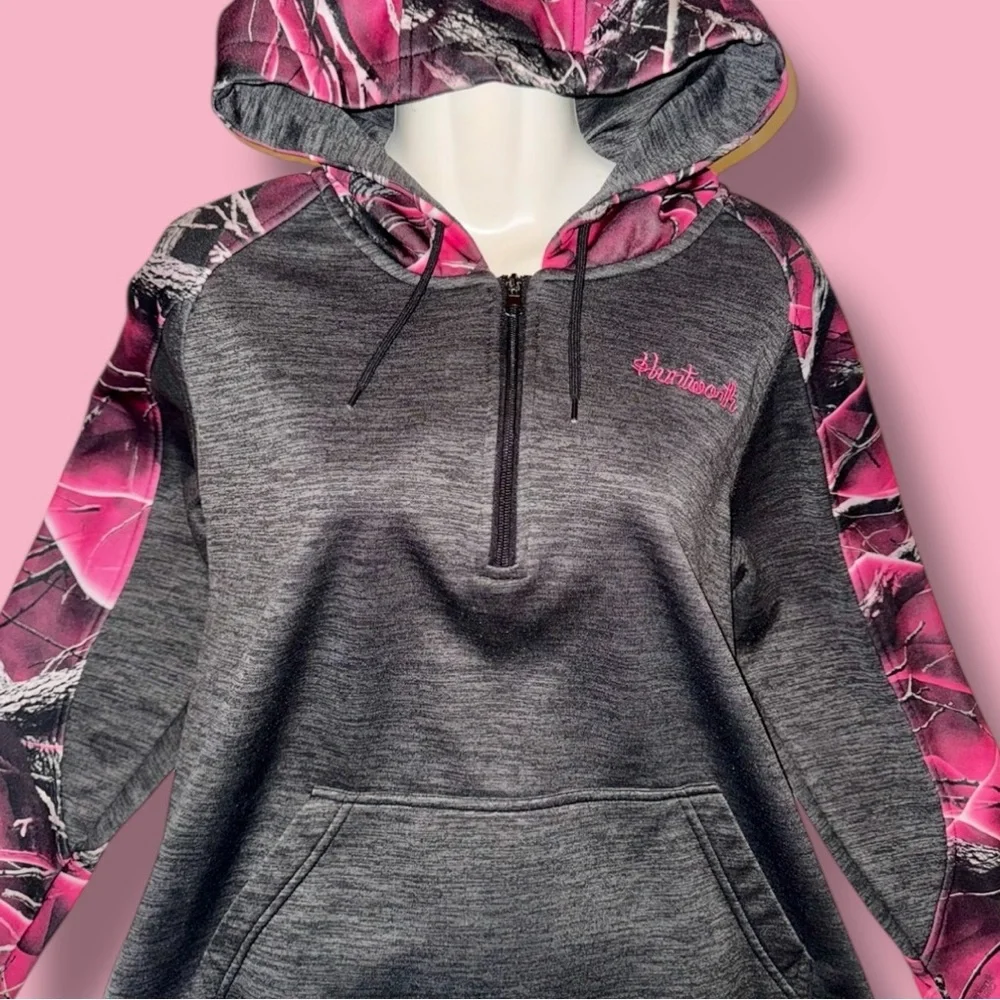 Huntworth Hoodie Pink Gray Camo Fleece Lined 1/2 Zip Pullover Women's XL - Picture 9 of 16